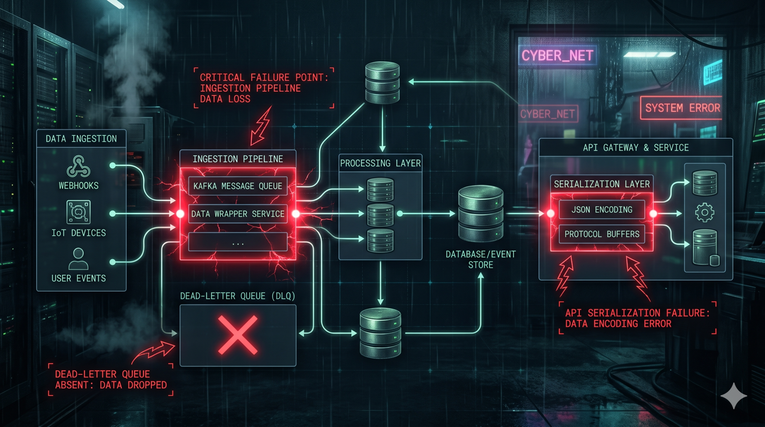 SurveySparrow architecture diagram showing failure points in ingestion pipeline and API layer