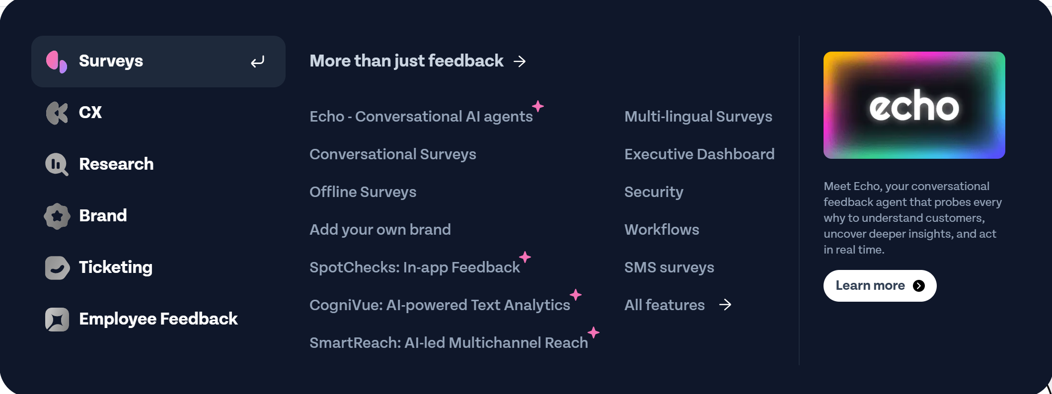 SurveySparrow chat-style survey interface on a dark laptop screen