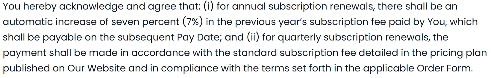 SurveySparrow Terms of Service document with the 7% auto-renewal clause highlighted